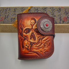 Handmade Leather Tooled Skull Prajna Mens Chain Biker Wallet Cool Leather Wallet Small Wallets for Men