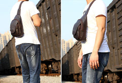 Genuine Leather Mens Cool Chest Bag Sling Bag Crossbody Bag Travel Bag Hiking Bag for men