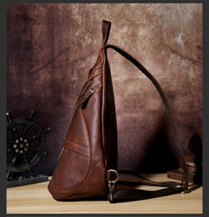 Genuine Brown Leather Mens Cool Chest Bag Sling Bag Sling Backpack for men
