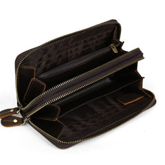 LEATHER MENS Wristlet Wallet Double Zipper Vintage Coffee Clutch FOR MEN