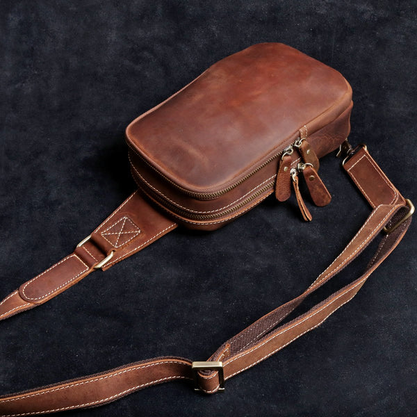 Genuine Leather Mens Sling Bag Cool Chest Bag Crossbody Pack Travel Sling Pack for men