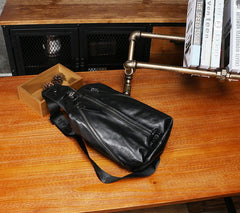 Black Leather Mens Sling Bag Chest Bag Sling Shoulder Bag Sling Backpack for men