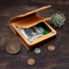 Handmade Wooden Brown Leather Cool Mens Wallet Small Card Holder Coin Wallet for Men