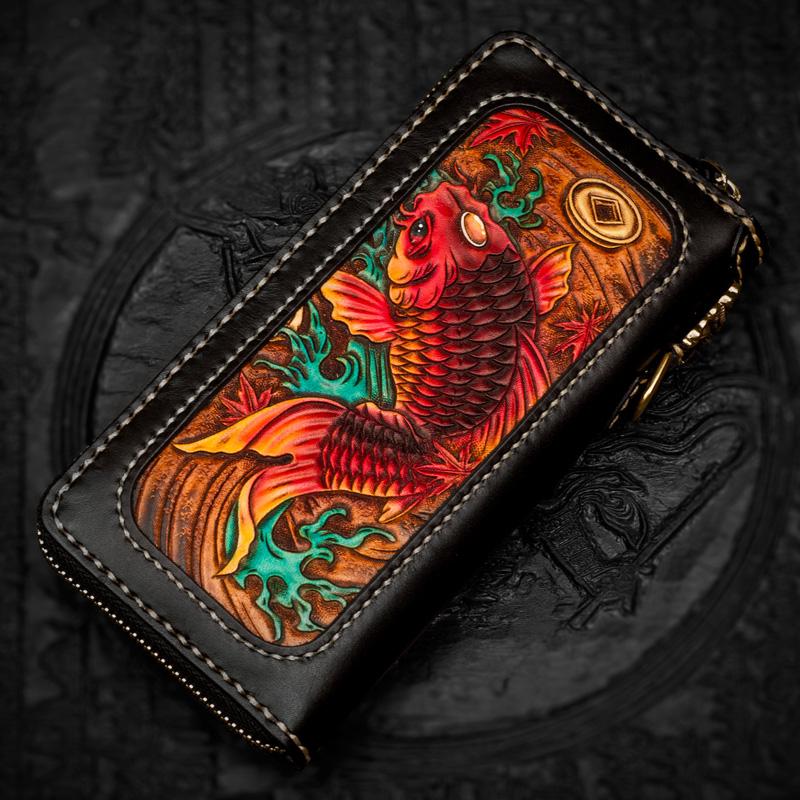 Handmade Leather Tooled Carp Chain Wallet Mens Biker Wallet Cool Leather Wallet Long Phone Wallets for Men