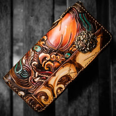 Handmade Leather Tooled Chinese Lion Mens Chain Biker Wallet Cool Leather Wallet Long Phone Wallets for Men