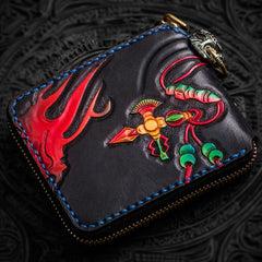 Handmade Leather Chinese Lion Tooled Mens billfold Wallet Cool Chain Wallet Biker Wallet for Men