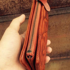 Genuine Leather Mens Cool Long Leather Wallet Zipper Clutch Wristlet Wallet for Men