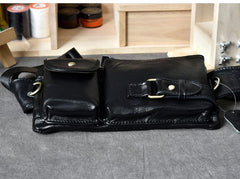 Cool Black Leather Fanny Pack Mens Black Waist Bag Hip Pack Black Belt Bag for Men