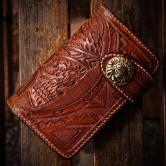 Handmade Leather Skull Indian Chief Tooled Mens billfold Wallet Cool Chain Wallet Biker Wallet for Men