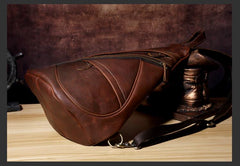 Genuine Brown Leather Mens Cool Chest Bag Sling Bag Sling Backpack for men