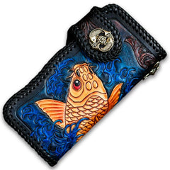 Handmade Leather Tooled Carp Mens Biker Chain Wallet Cool Leather Wallet Long Phone Wallets for Men