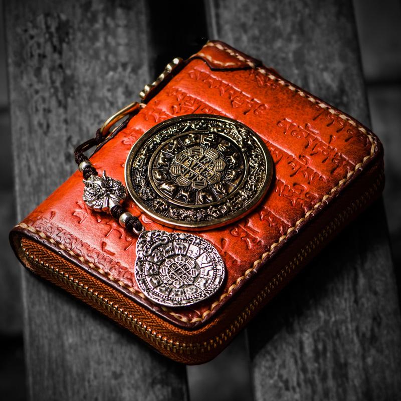 Handmade Leather Tibetan Tooled Mens billfold Wallet Cool Chain Wallet