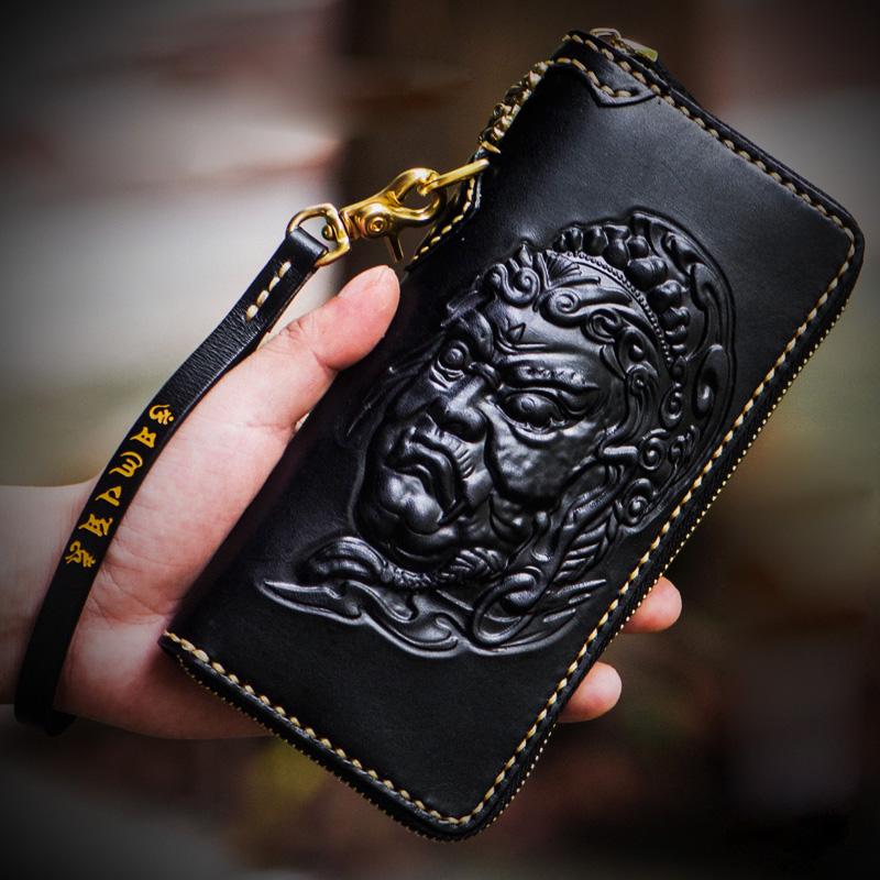 Handmade Leather Acalanatha Mens Tooled Chain Biker Wallet Cool Leather Wallet Long Clutch Wallets for Men
