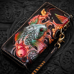 Handmade Leather Tooled Carp Mens Biker Chain Wallets Cool Leather Wallet Long Chain Wallets for Men