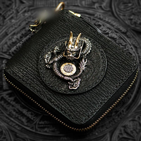 Handmade Leather Chinese Dragon Tooled Mens billfold Wallet Cool Chain Wallets Biker Wallet for Men