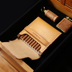 Cool Wooden Beige Leather Mens 10pcs Cigarette Case Custom Cigarette Holder for Men