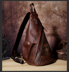 Genuine Brown Leather Mens Cool Chest Bag Sling Bag Sling Backpack for men