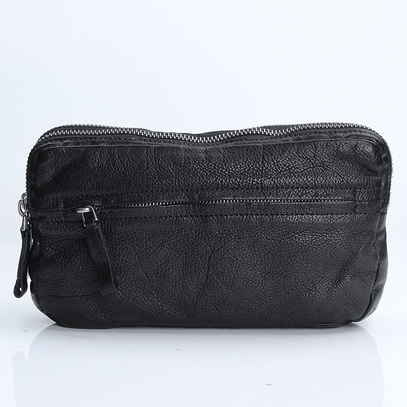 Cool Black Leather Mens Long Wallets Large Double Zipper Clutch Wallet Coffee Vintage Clutch Purse For Men