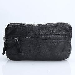 Cool Black Leather Mens Long Wallets Large Double Zipper Clutch Wallet Coffee Vintage Clutch Purse For Men