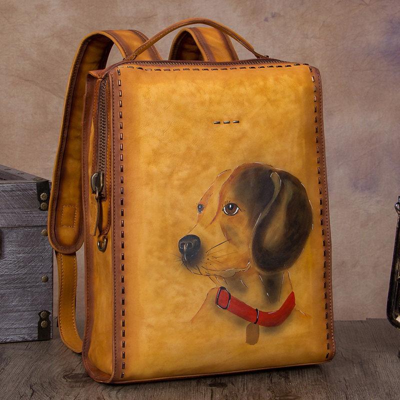 14" Handmade Ladies Leather Womens Backpack Paint Puppy Tooled Leather Rucksack Bag