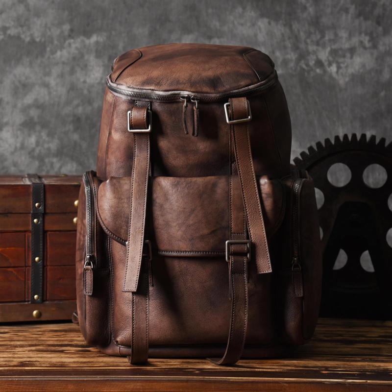 Cool Brown Leather Mens Backpack Large Brown Travel Backpack Hiking Backpack for men