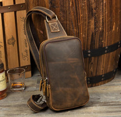Cool Black Leather Mens Cool Sling Bag Black Crossbody Pack Chest Bag for men