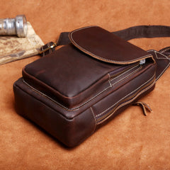 Genuine Leather Mens Cool Chest Bag Brown Sling Bag One Shoulder Backpack for men