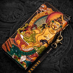 Handmade Leather Tooled Yellow Jambhala Mens Chain Biker Wallet Cool Leather Wallet Zipper Long Wallet for Men