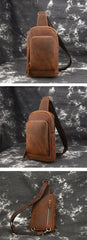 Vintage Mens Leather One Shoulder Backpacks Chest Bag Sling Bags Sling Crossbody Bags For Men