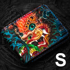 Handmade Leather Chinese Lion Tooled Mens Small Wallet Cool Slim billfold Wallet for Men