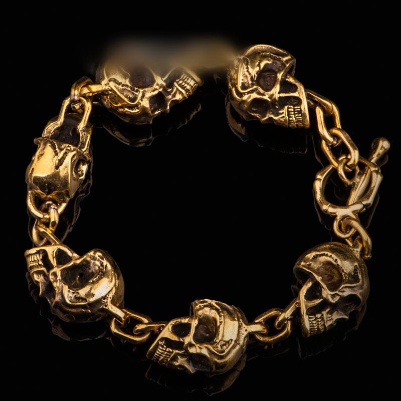 silver Brass Stainless Steel Biker Trucker Skulls Heavy Gothic Skulls Mens Bracelet Biker Jewelry