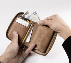 Cool Leather Mens Slim Leather Small Wallet Zipper billfold Wallets Bifold for Men