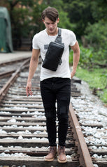 Cool Black Leather Mens Cool Sling Bag Black Crossbody Pack Chest Bag for men