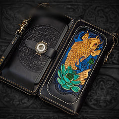 Handmade Leather Tooled Carp Mens Chain Biker Wallet Cool Leather Wallet Long Phone Wallets for Men