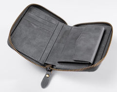 Cool Leather Mens Slim Leather Small Wallet Zipper billfold Wallets Bifold for Men