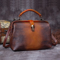 Handmade Tan Leather Handbag Vintage Doctor Bag - Open Interior