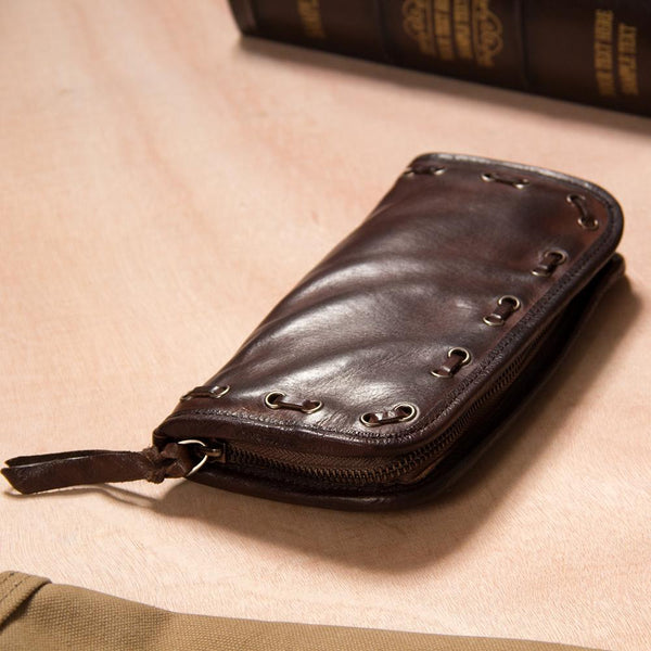 Handmade Leather Mens Long Clutch Wallet Coffee Vintage Zipper Long Wallet for M YS02591078
