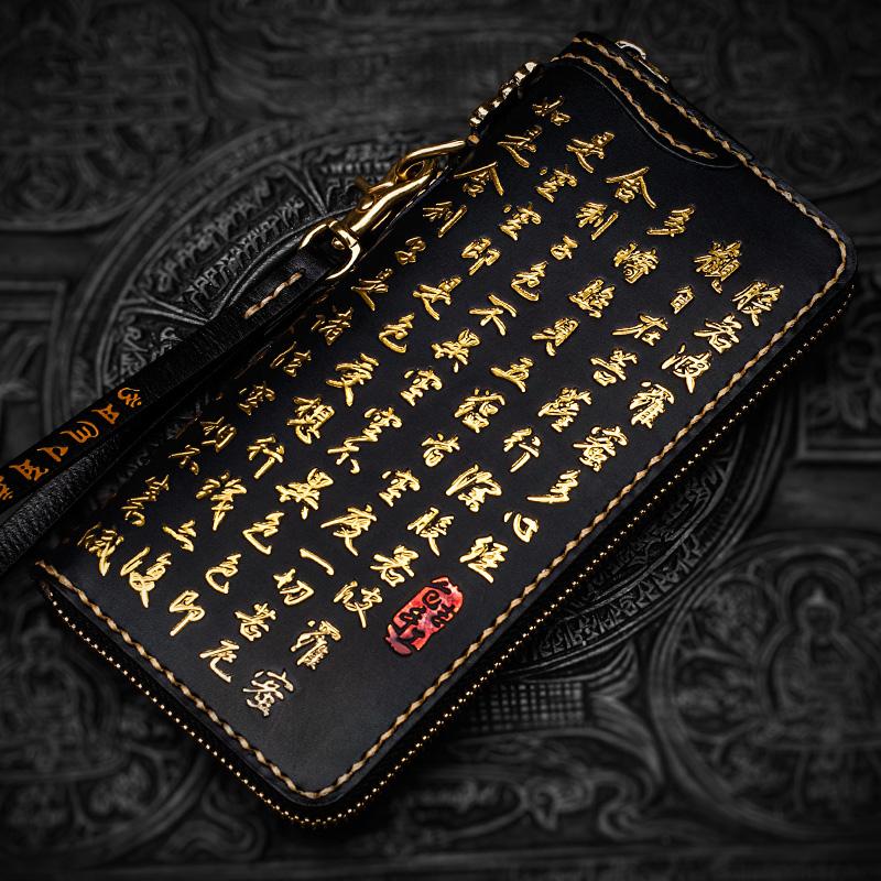 Handmade Leather Mens Chinese Handwriting Biker Chain Wallet Cool Leather Wallets Long Wallets for Men