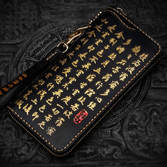 Handmade Leather Mens Chinese Handwriting Biker Chain Wallet Cool Leather Wallets Long Wallets for Men