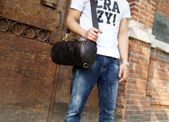 Genuine Leather Mens Barrel Bag Cool Weekender Bag Travel Bag Duffle Bags Overnight Bag Holdall Bag for men