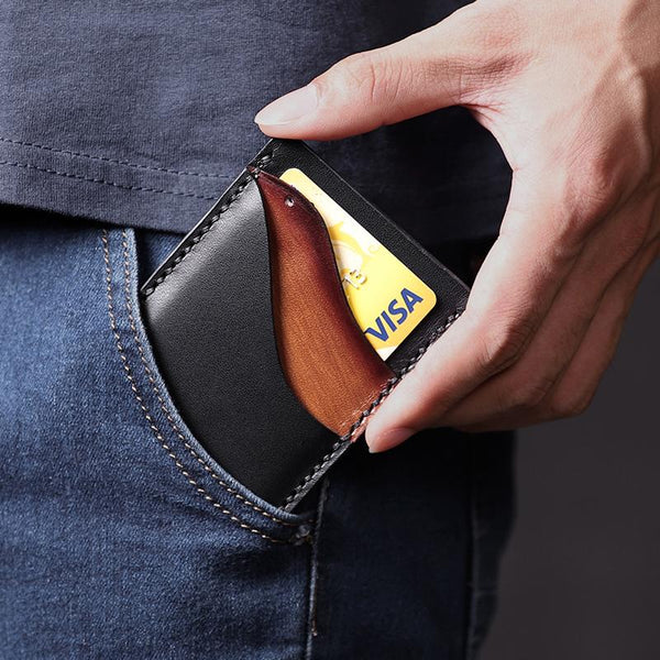 Black Leather Mens Front Pocket Wallet Personalized Slim Card Wallets for Men LJJY01281052