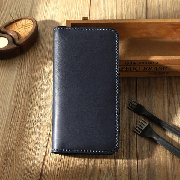 Blue Leather Mens Bifold Long Wallets Personalized - Back View