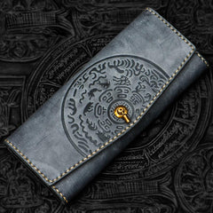Handmade Leather Tooled Blue Women Envelope Vintage Leather Wallet Long Phone Clutch Wallets for Women