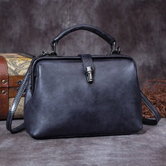 Handmade Dark Blue Leather Handbag Vintage Doctor Bag Shoulder Bag Purse For Women