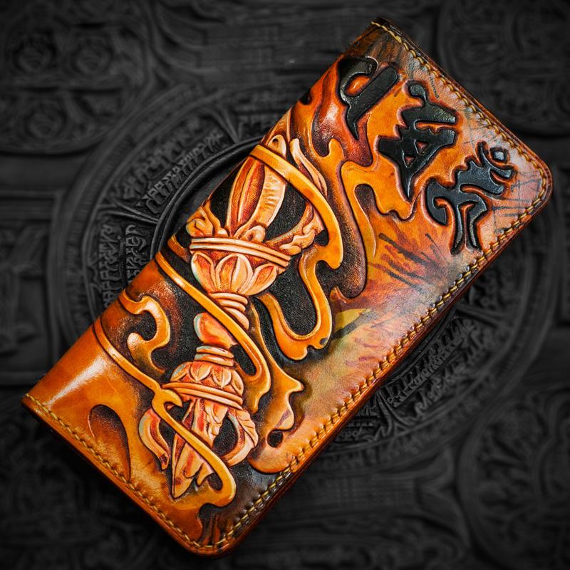 Handmade Leather Men Tooled Tibetan Pestle Cool Leather Wallet Long Phone Wallets for Men