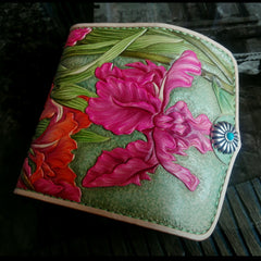 Handmade Green Womens tooled Leather Iris Flower Change Wallet Card Wallet Coin Holder for Women