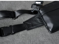 Cool Black Leather Fanny Pack Mens Black Waist Bag Hip Pack Black Belt Bag for Men