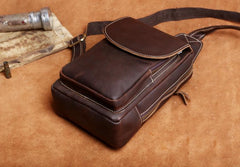 Genuine Leather Mens Cool Chest Bag Brown Sling Bag One Shoulder Backpack for men