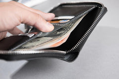 Cool Leather Mens Slim Leather Small Wallets Zipper billfold Wallets Bifold for Men