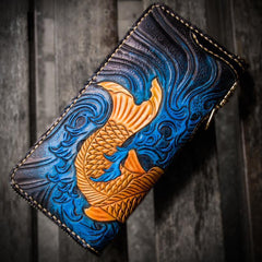 Handmade Leather Men Tooled Carp Cool Biker Leather Wallets Long Chain Wallets for Men